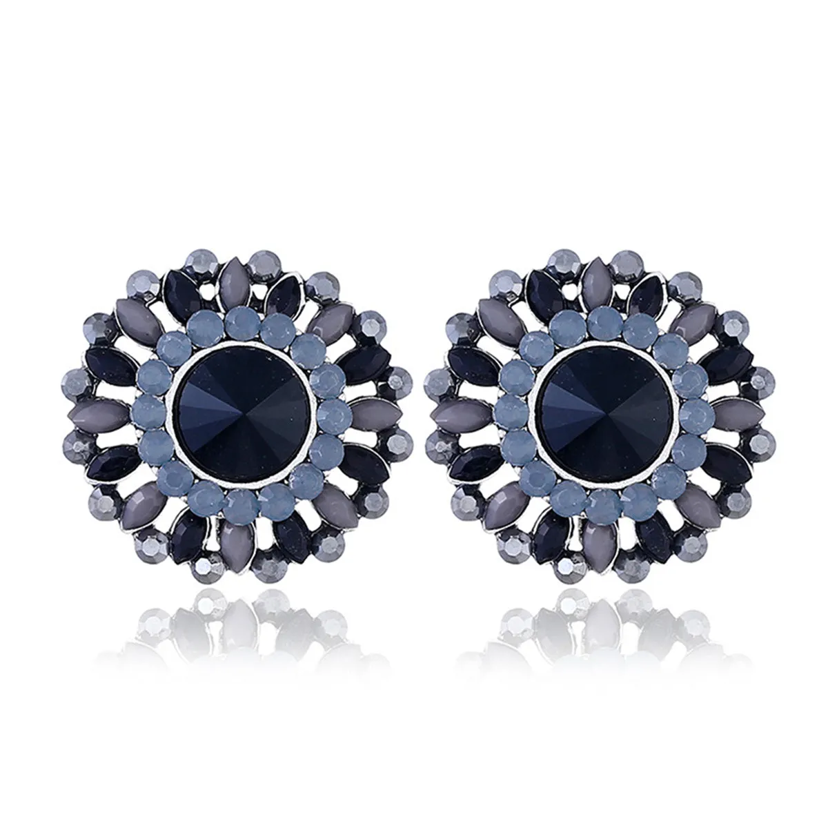 Black Crystal & Cubic Zirconia Round Stud Earrings