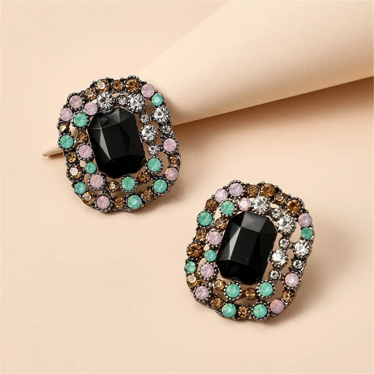 Black Crystal & Cubic Zirconia Square Halo Stud Earrings