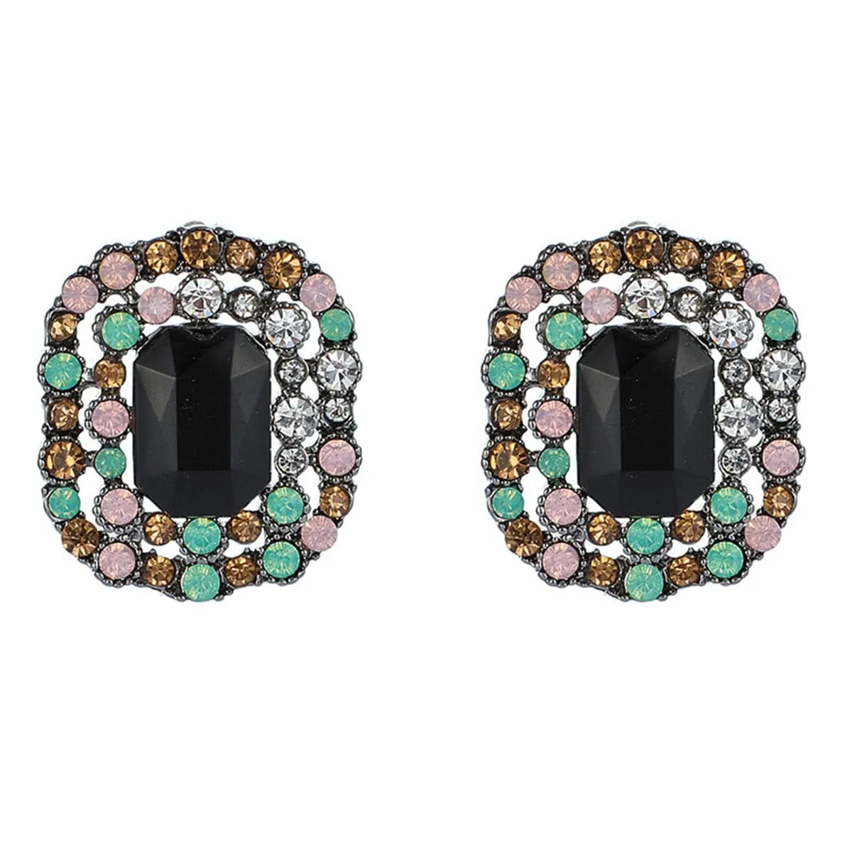 Black Crystal & Cubic Zirconia Square Halo Stud Earrings