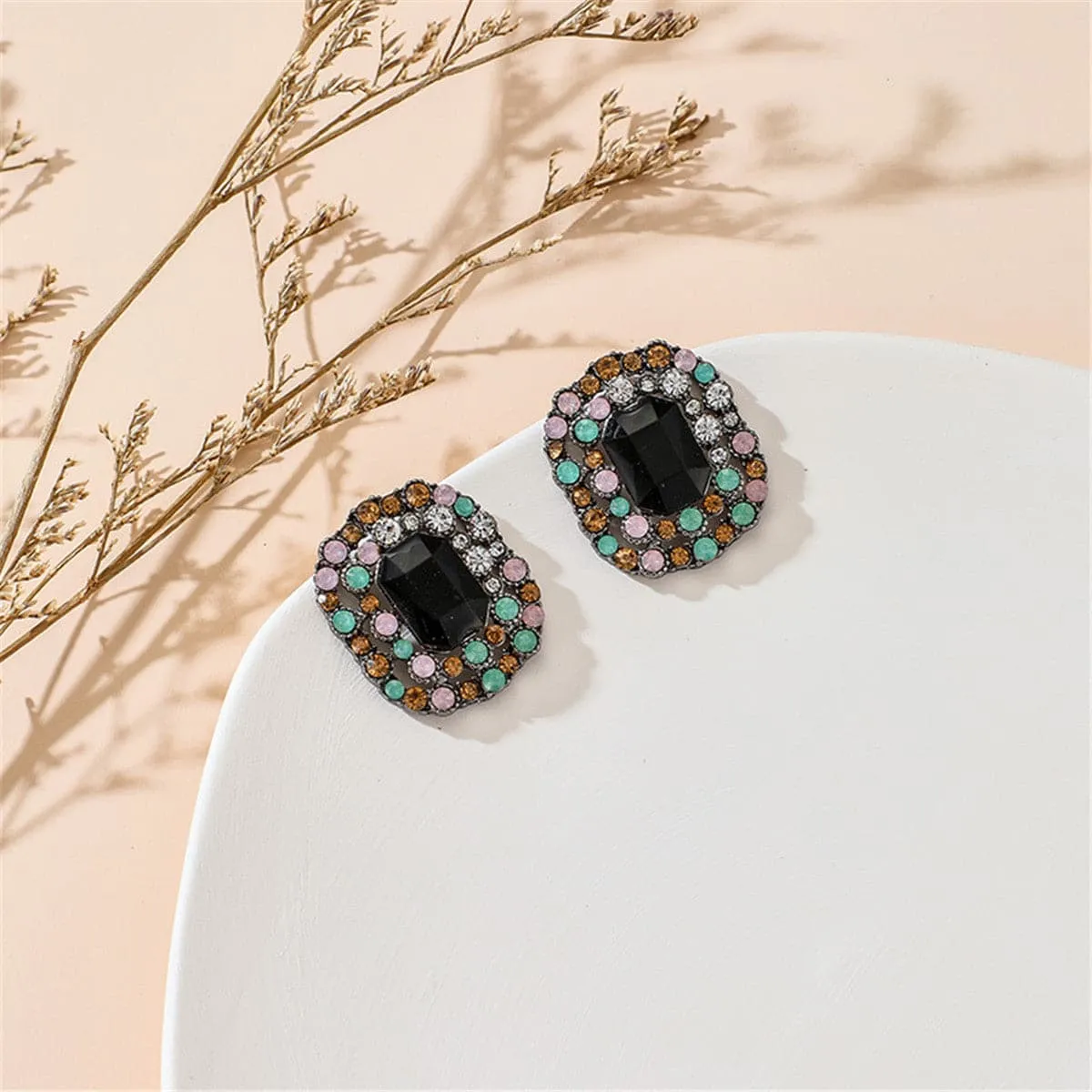 Black Crystal & Cubic Zirconia Square Halo Stud Earrings