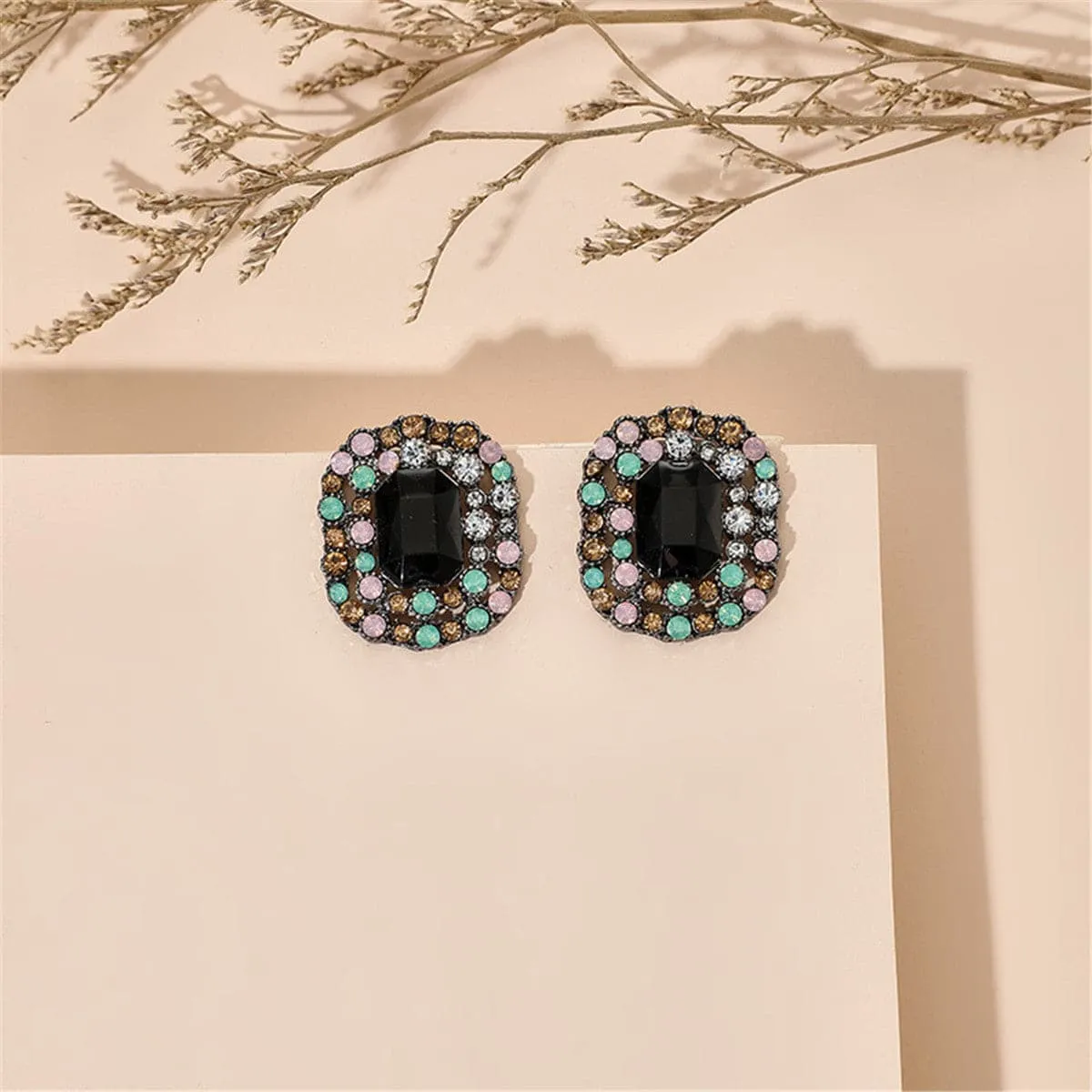 Black Crystal & Cubic Zirconia Square Halo Stud Earrings