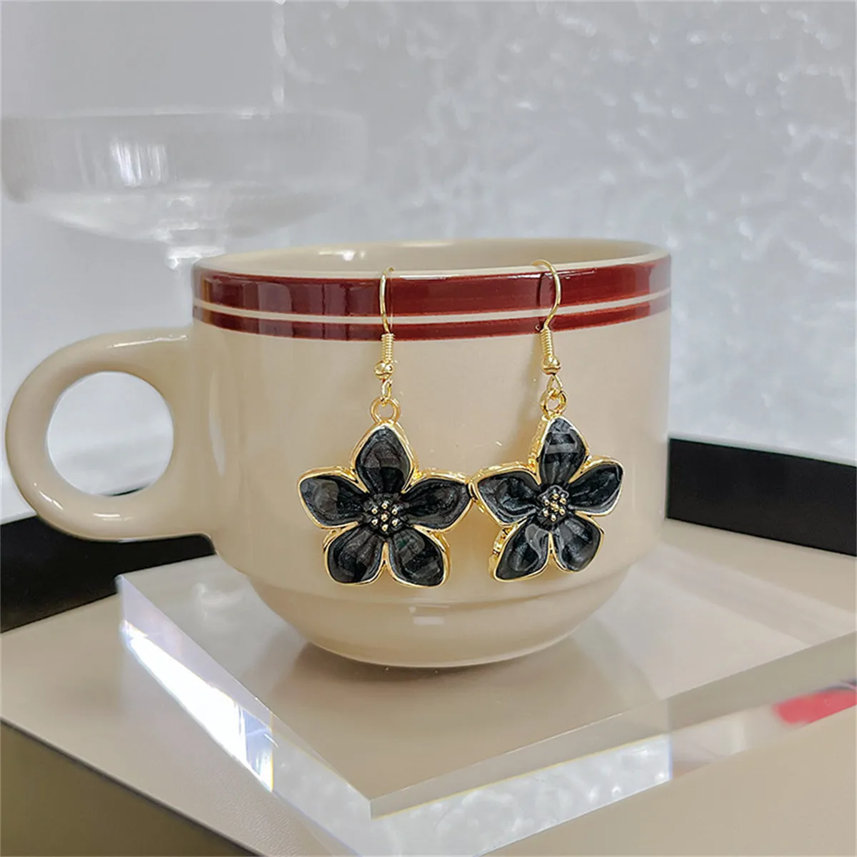 Black Enamel & 18K Gold-Plated Flower Drop Earrings