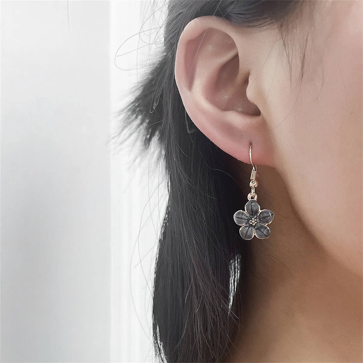 Black Enamel & 18K Gold-Plated Flower Drop Earrings