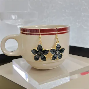 Black Enamel & 18K Gold-Plated Flower Drop Earrings