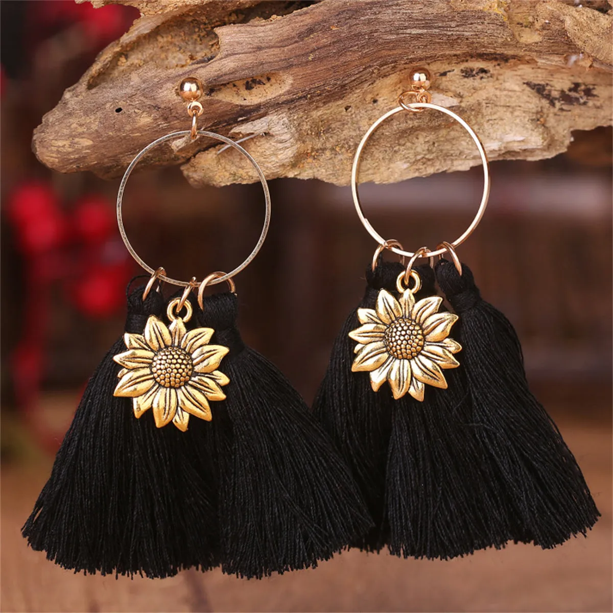 Black Polyster & 18K Gold-Plated Sunflower Tassel Drop Earrings