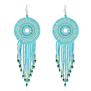 Blue & Green Howlite Round Tassel Drop Earrings