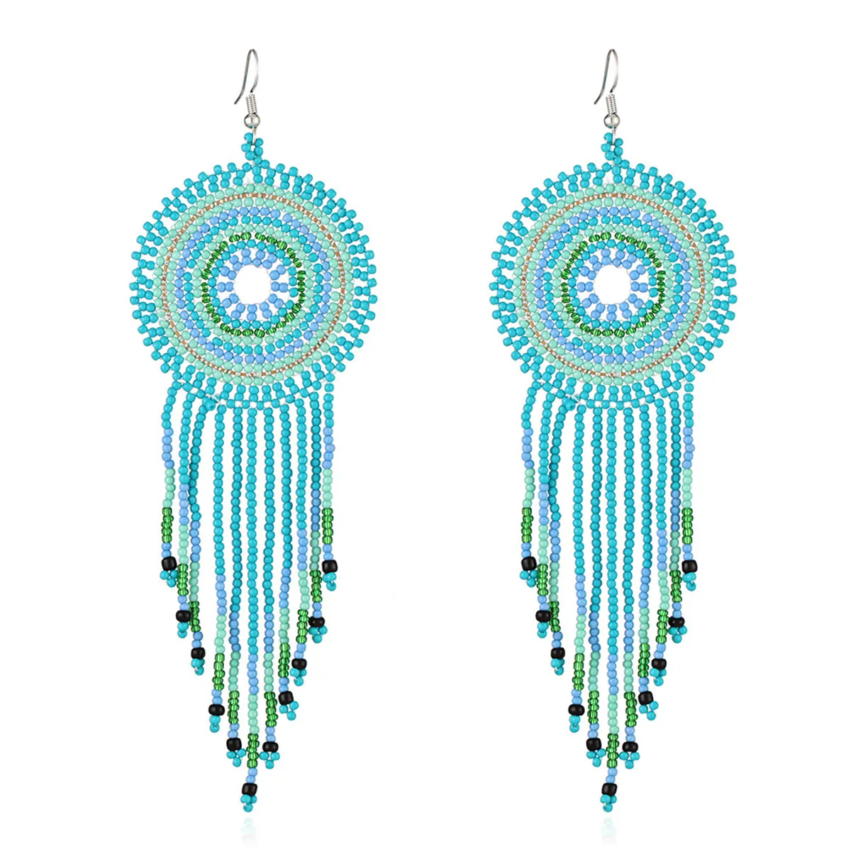 Blue & Green Howlite Round Tassel Drop Earrings