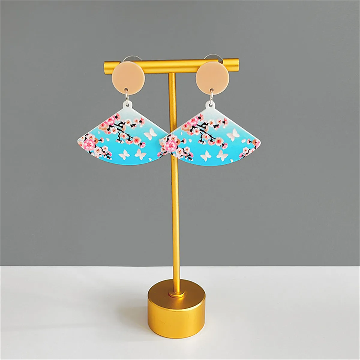 Blue & Pink Peach Blossom Fan Drop Earrings