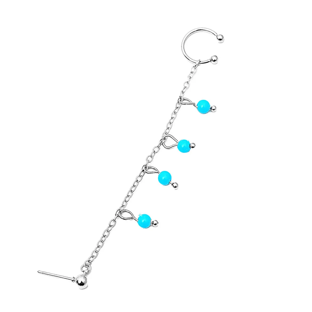 Blue & Silver-Plated Beads Chain Ear Cuff