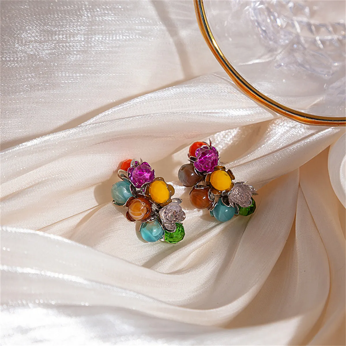 Blue & Yellow Multicolor Floral Bead Stud Earrings