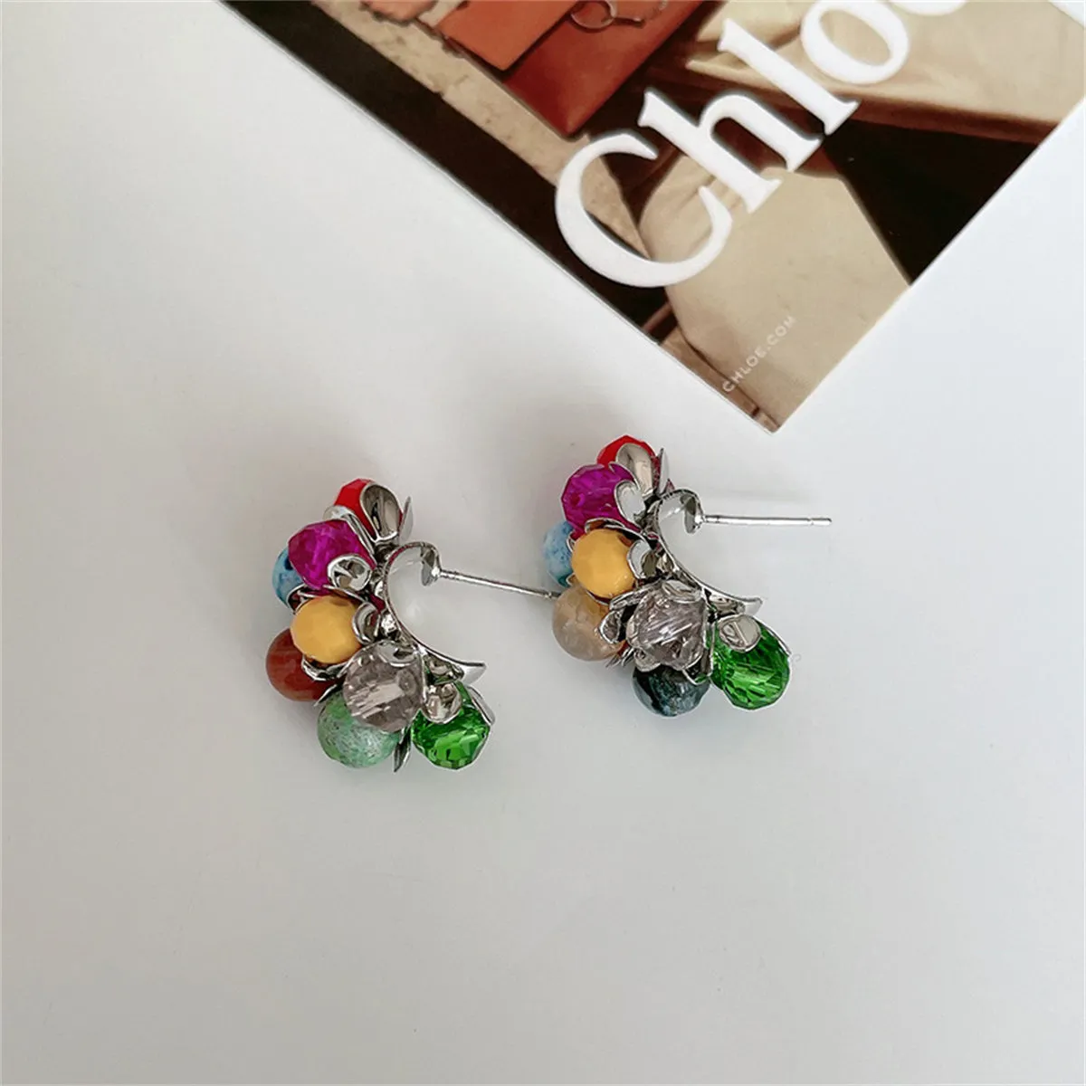 Blue & Yellow Multicolor Floral Bead Stud Earrings
