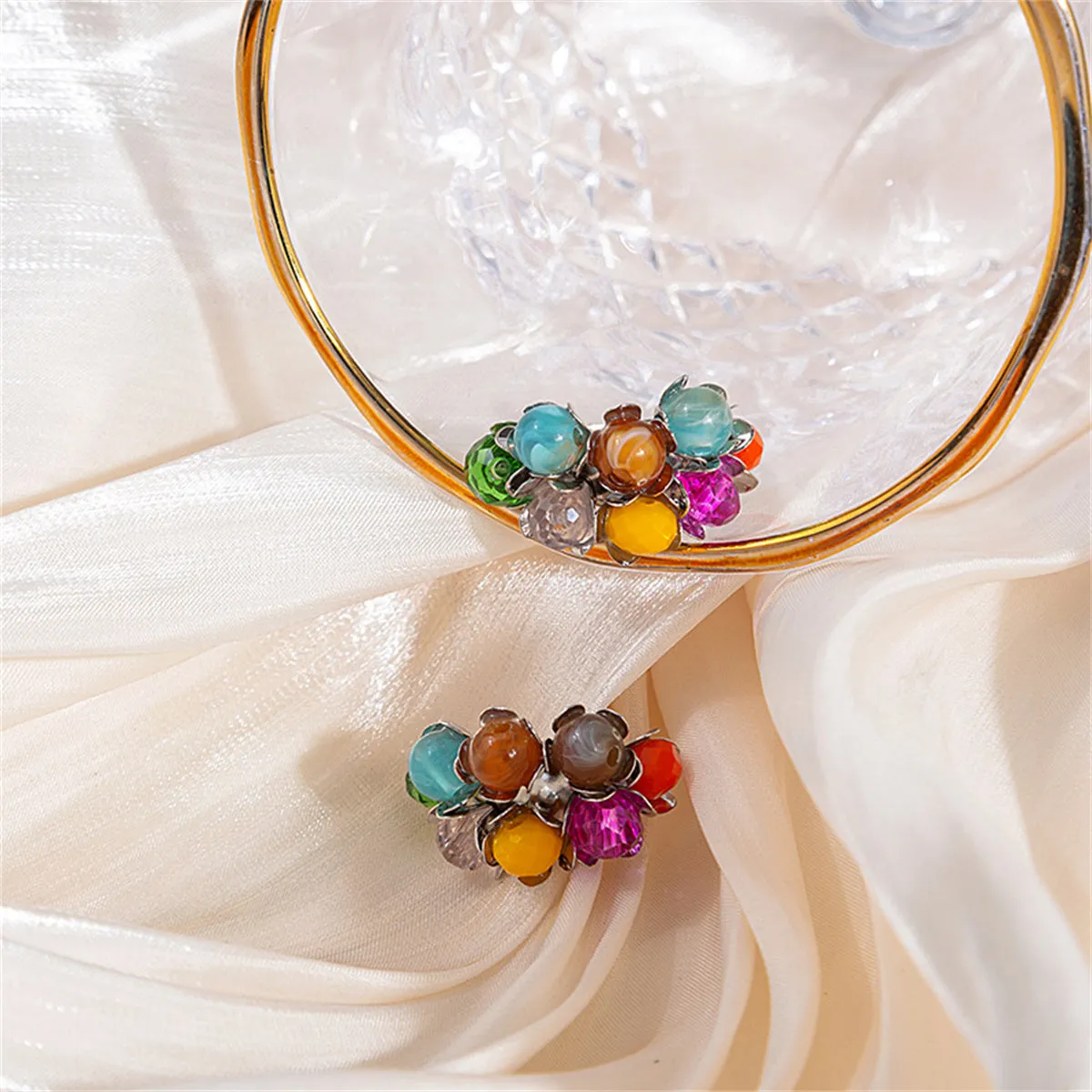 Blue & Yellow Multicolor Floral Bead Stud Earrings