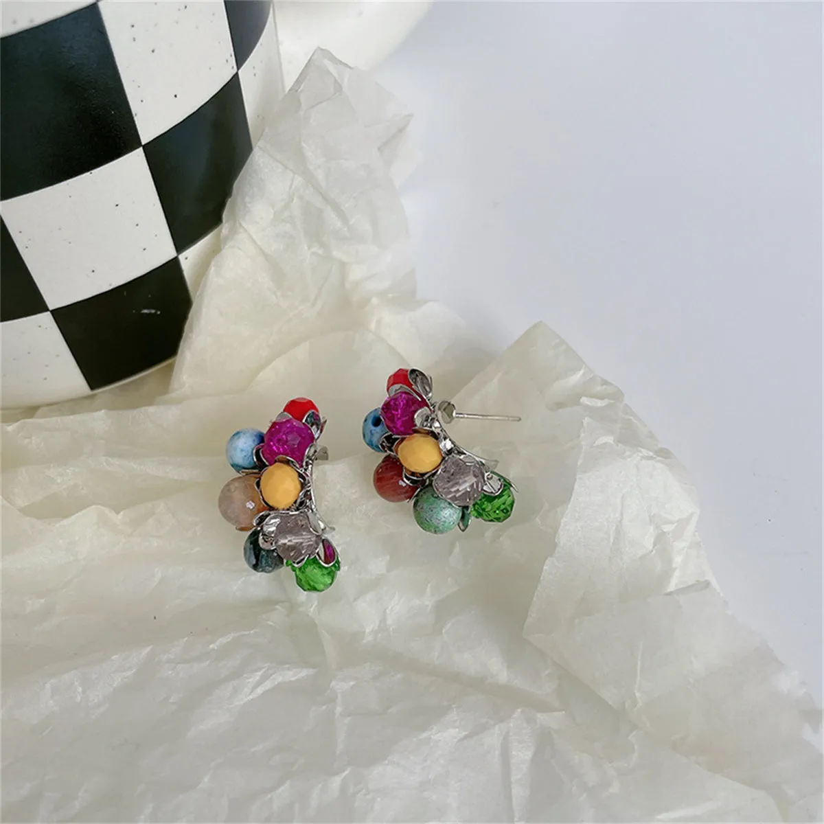 Blue & Yellow Multicolor Floral Bead Stud Earrings