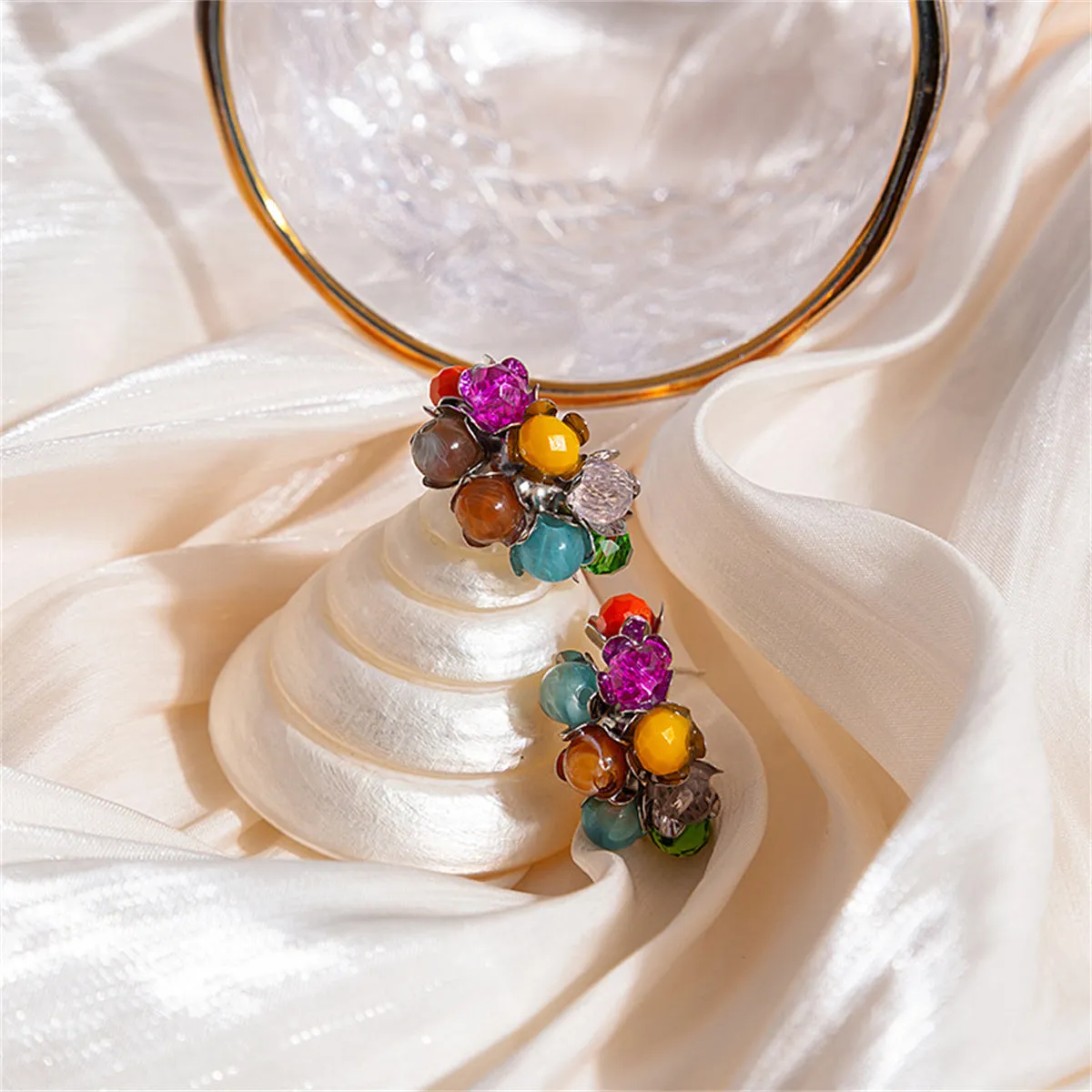 Blue & Yellow Multicolor Floral Bead Stud Earrings