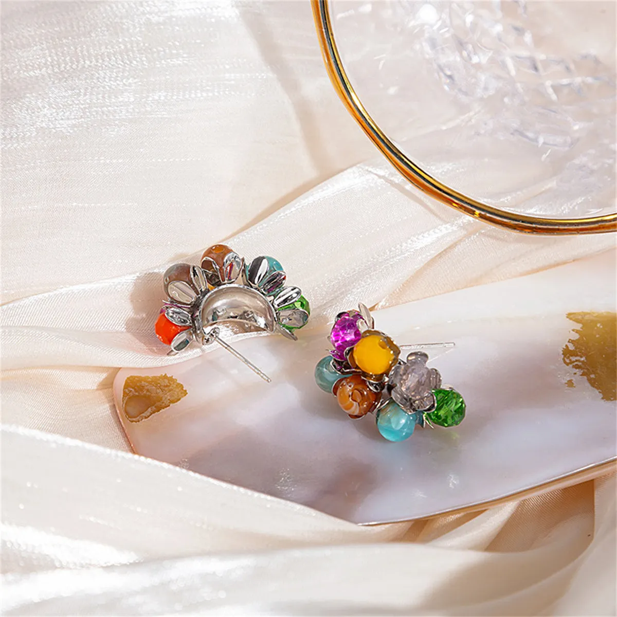 Blue & Yellow Multicolor Floral Bead Stud Earrings