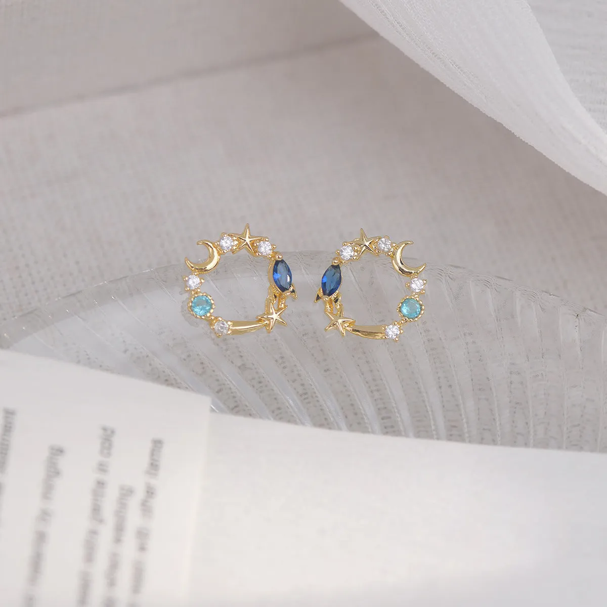 Blue Crystal & Cubic Zirconia 18K Gold-Plated Moon & Star Stud Earrings
