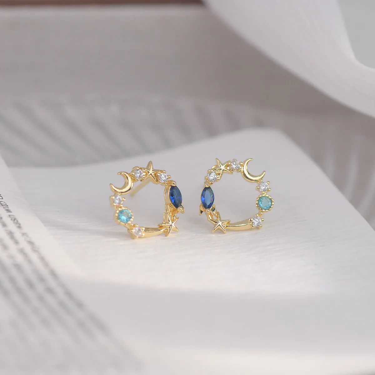 Blue Crystal & Cubic Zirconia 18K Gold-Plated Moon & Star Stud Earrings
