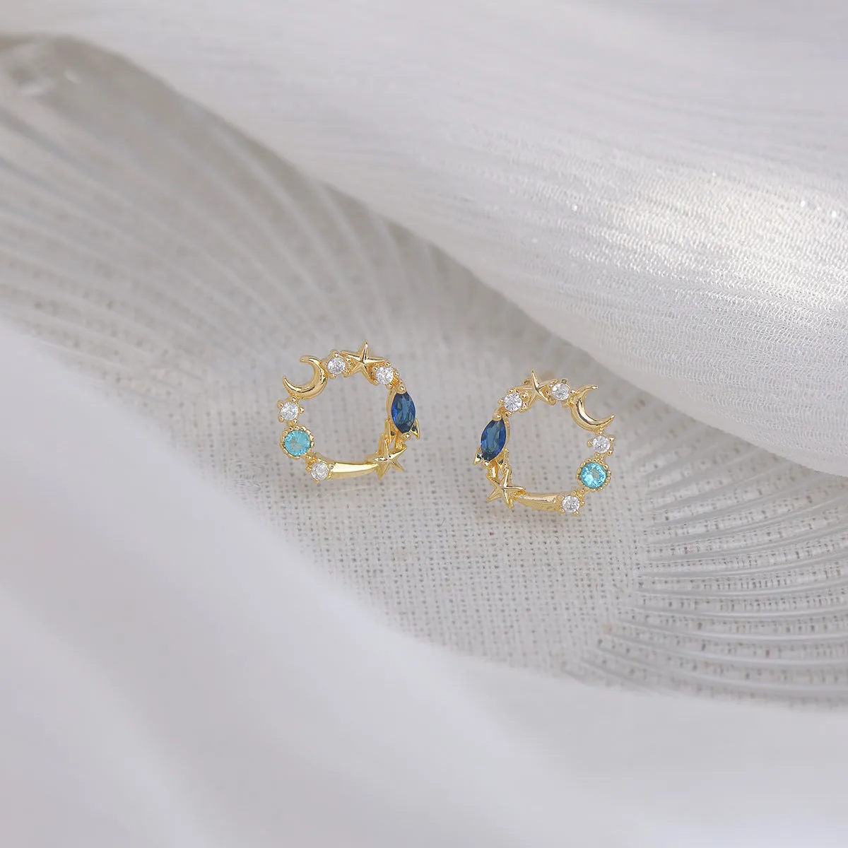 Blue Crystal & Cubic Zirconia 18K Gold-Plated Moon & Star Stud Earrings