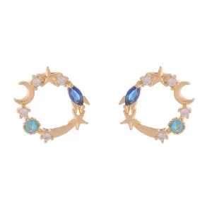 Blue Crystal & Cubic Zirconia 18K Gold-Plated Moon & Star Stud Earrings