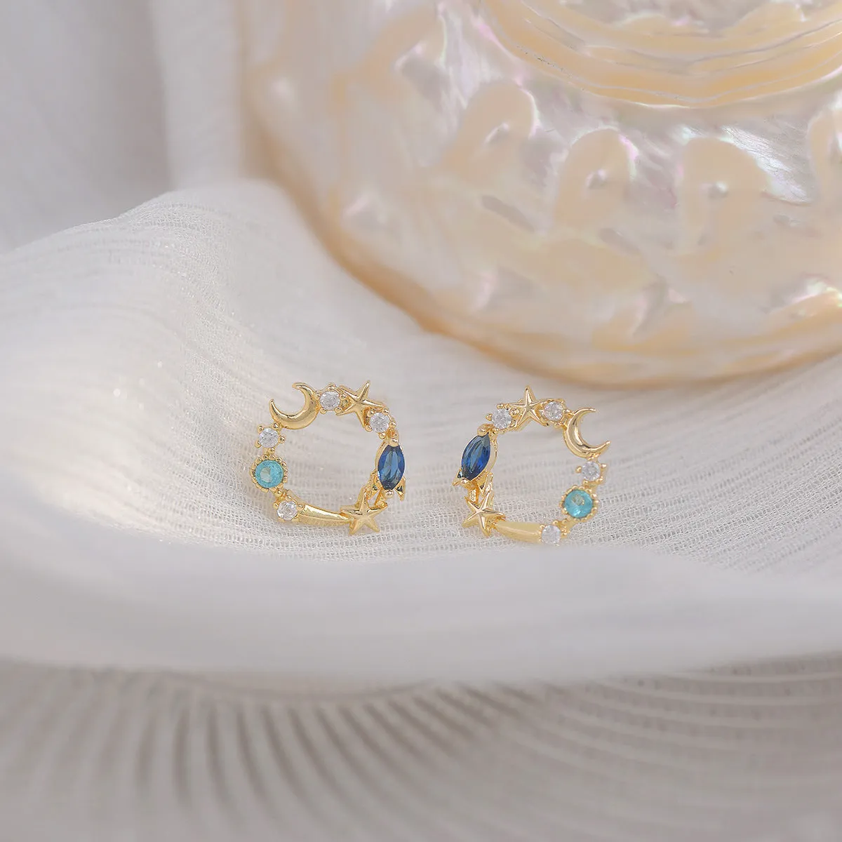 Blue Crystal & Cubic Zirconia 18K Gold-Plated Moon & Star Stud Earrings