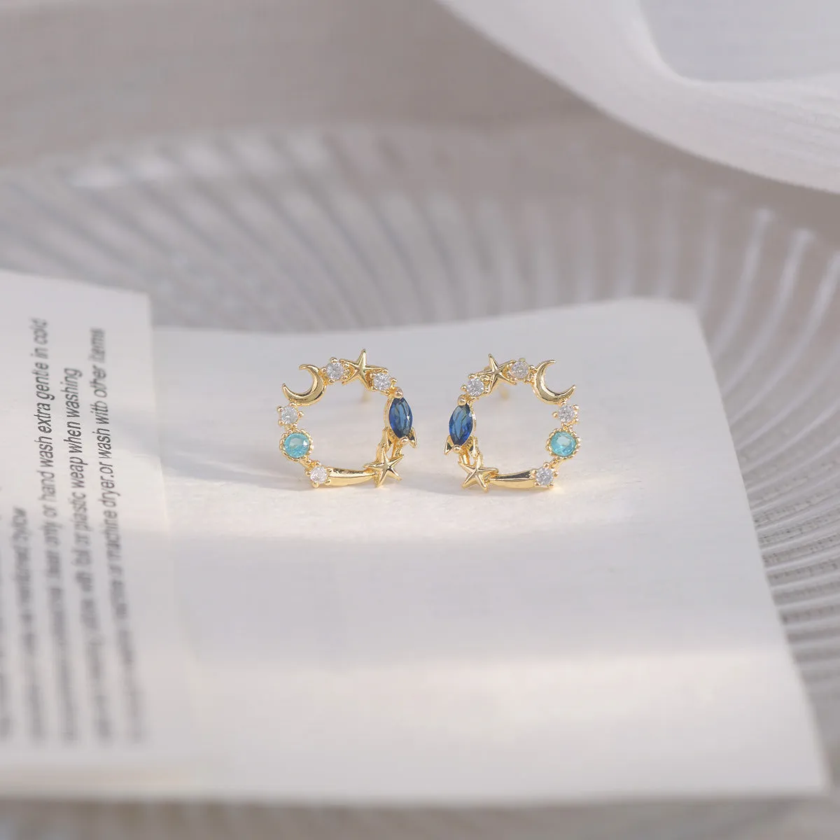 Blue Crystal & Cubic Zirconia 18K Gold-Plated Moon & Star Stud Earrings