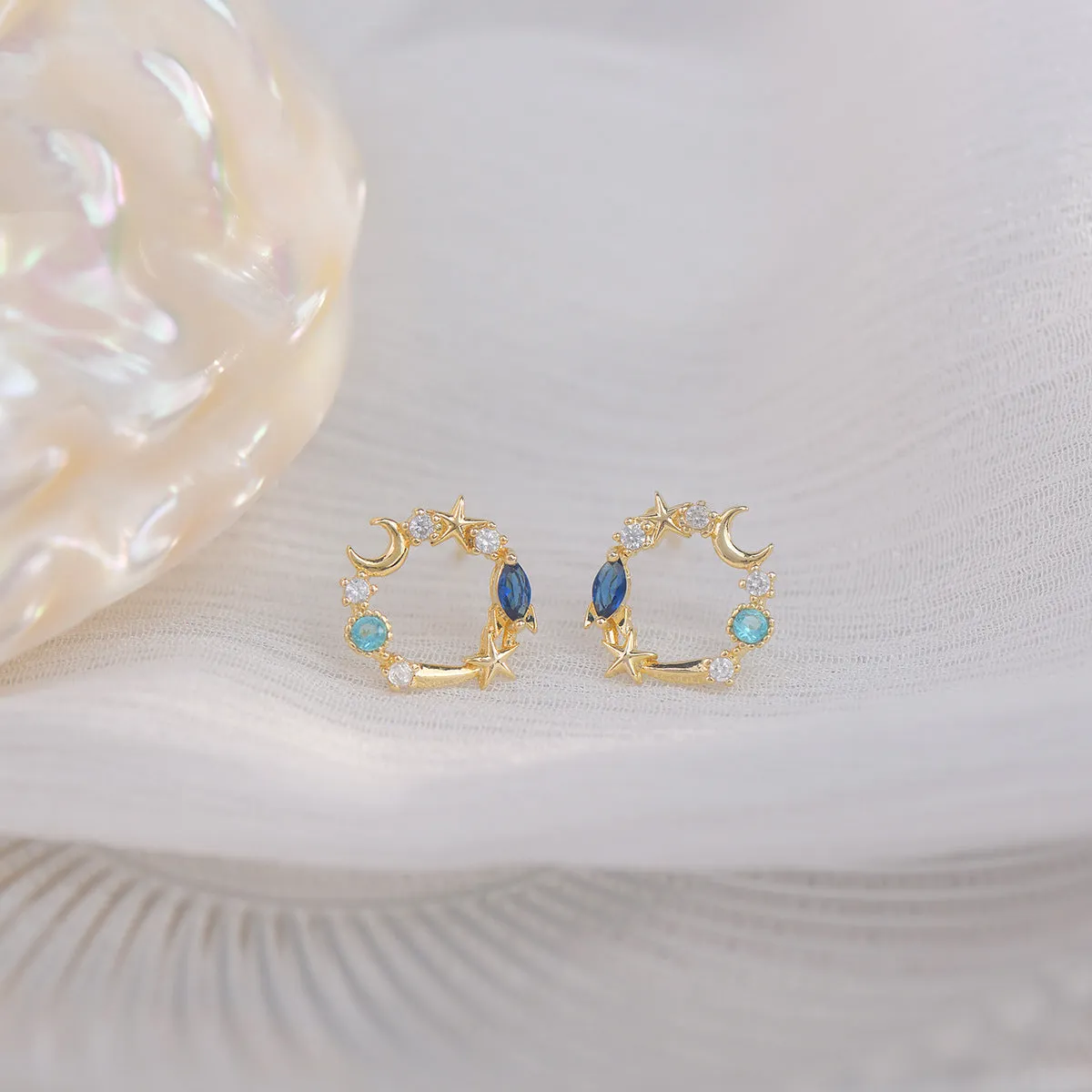Blue Crystal & Cubic Zirconia 18K Gold-Plated Moon & Star Stud Earrings