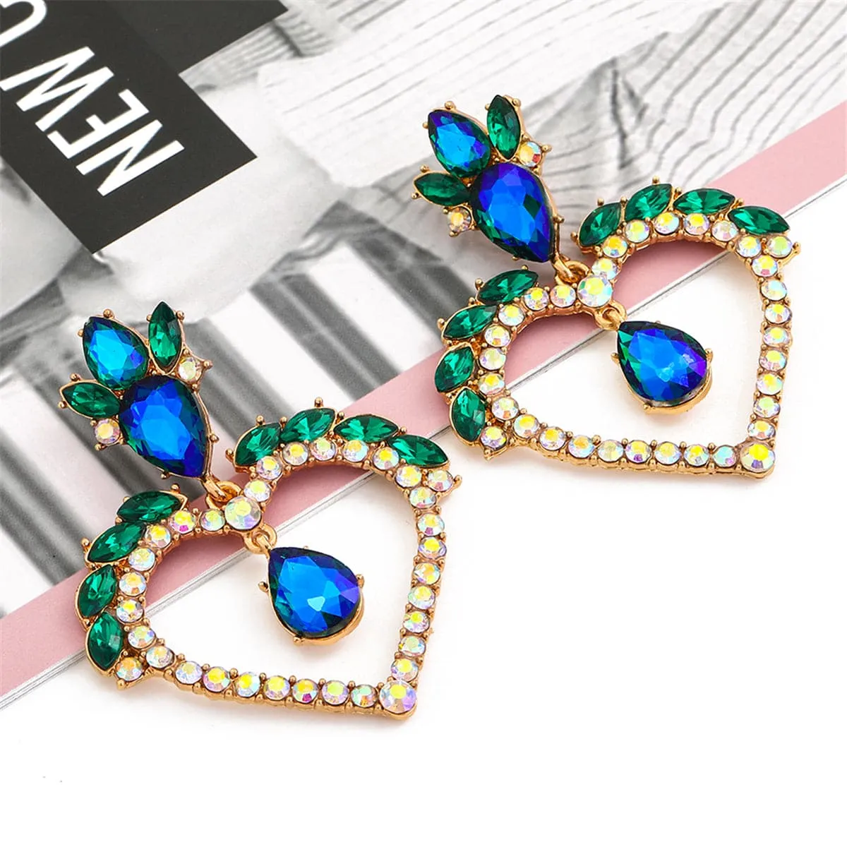 Blue Crystal & Cubic Zirconia Heart Drop Earrings