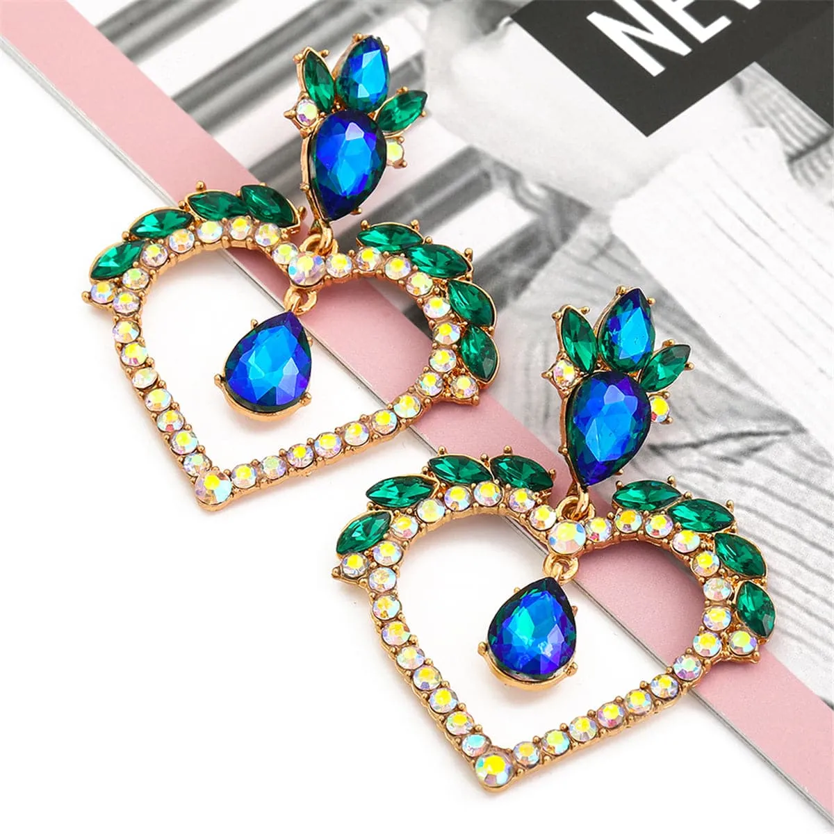 Blue Crystal & Cubic Zirconia Heart Drop Earrings