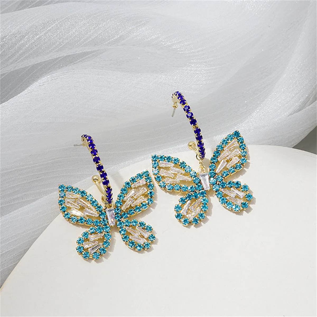 Blue Cubic Zirconia & 18K Gold-Plated Butterfly Drop Earrings