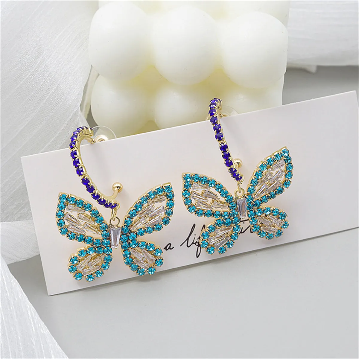 Blue Cubic Zirconia & 18K Gold-Plated Butterfly Drop Earrings