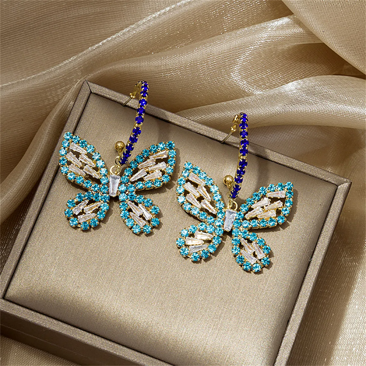 Blue Cubic Zirconia & 18K Gold-Plated Butterfly Drop Earrings