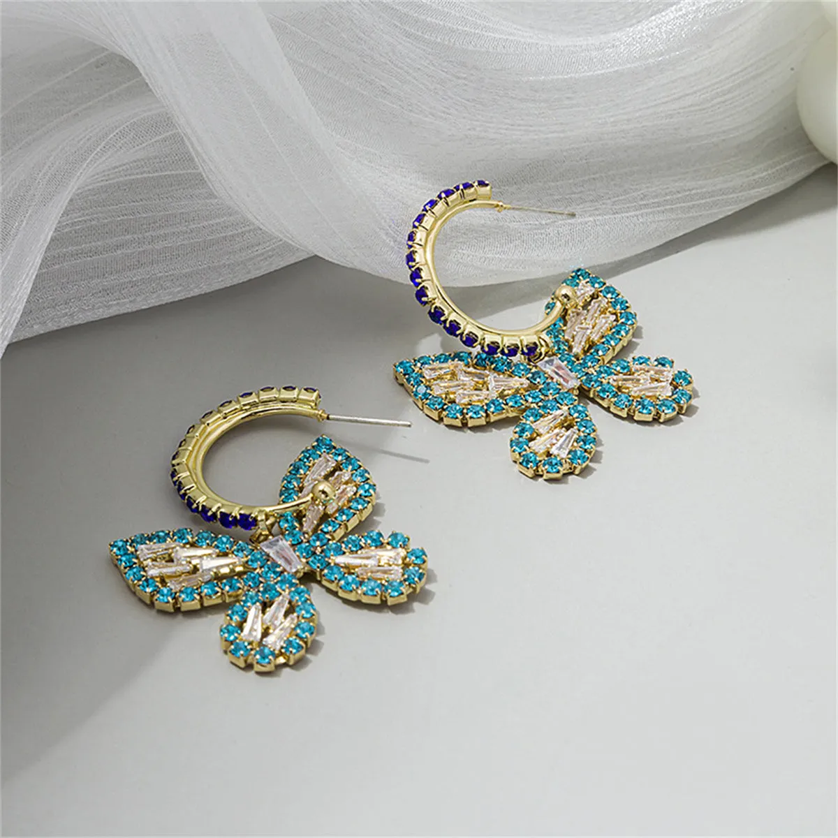 Blue Cubic Zirconia & 18K Gold-Plated Butterfly Drop Earrings