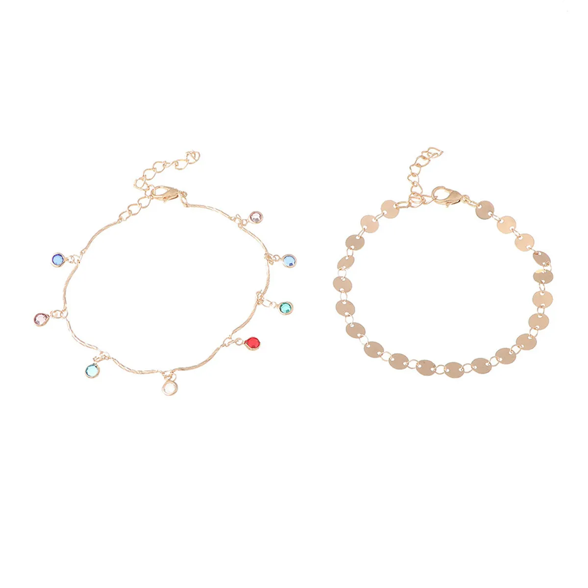 Blue Cubic Zirconia & 18K Gold-Plated Sequin Station Two-Piece Anklet Set