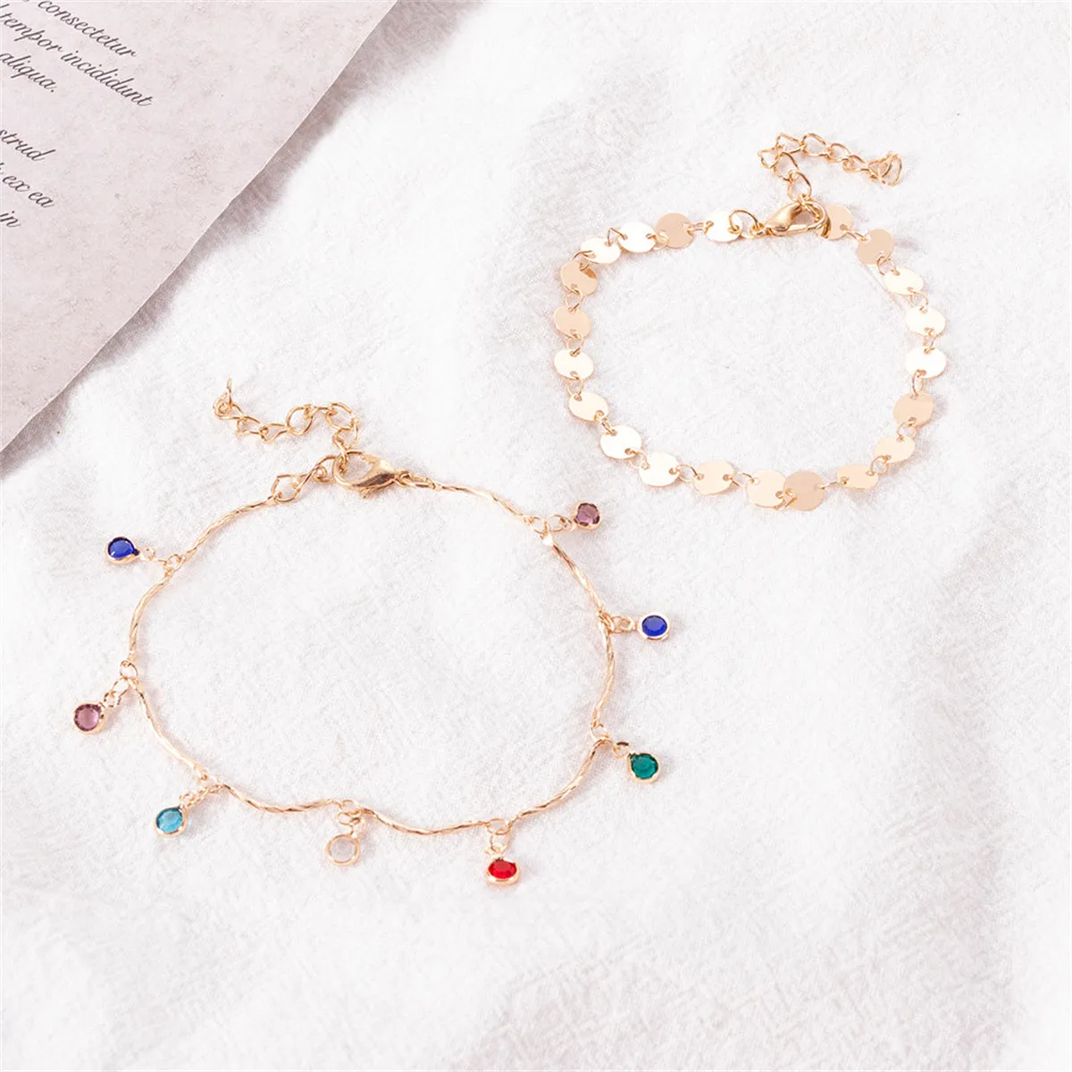 Blue Cubic Zirconia & 18K Gold-Plated Sequin Station Two-Piece Anklet Set