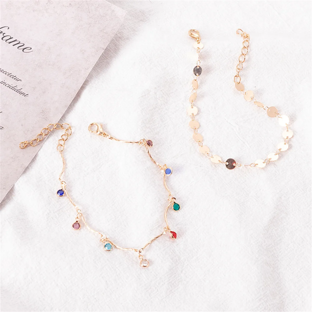 Blue Cubic Zirconia & 18K Gold-Plated Sequin Station Two-Piece Anklet Set