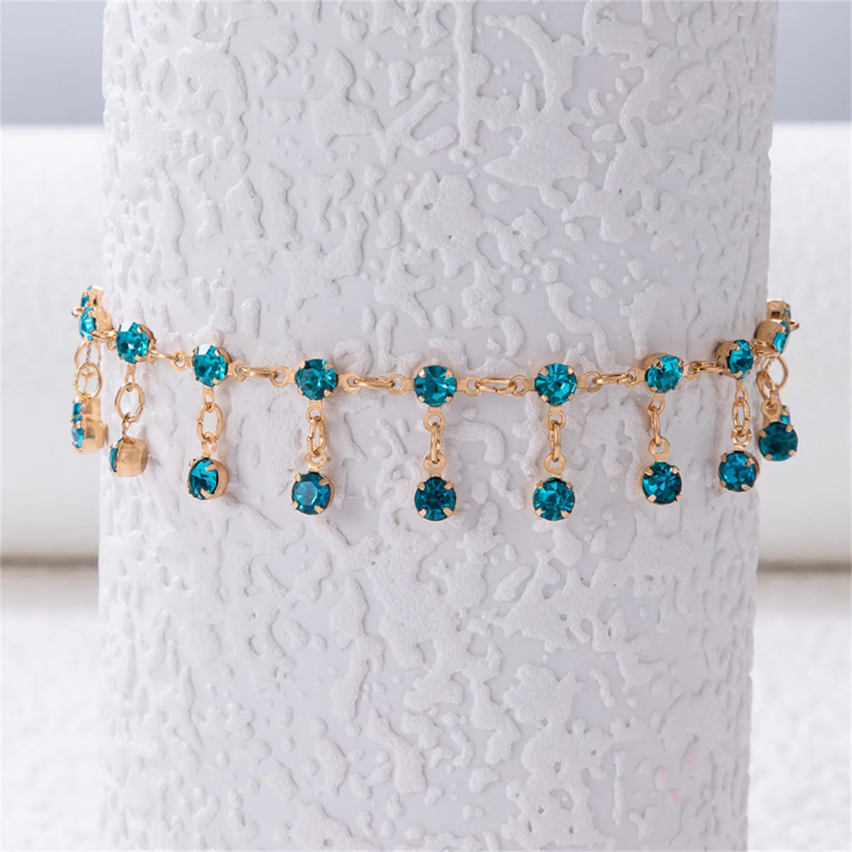 Blue Cubic Zirconia & 18K Gold-Plated Tassel Anklet