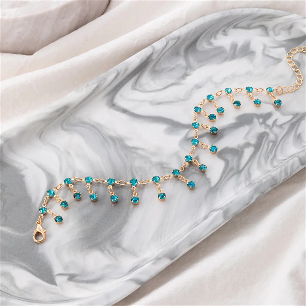 Blue Cubic Zirconia & 18K Gold-Plated Tassel Anklet