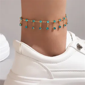 Blue Cubic Zirconia & 18K Gold-Plated Tassel Anklet