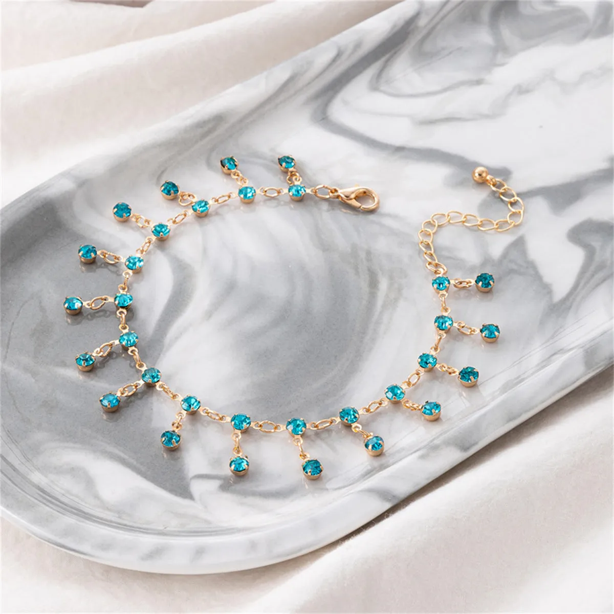 Blue Cubic Zirconia & 18K Gold-Plated Tassel Anklet