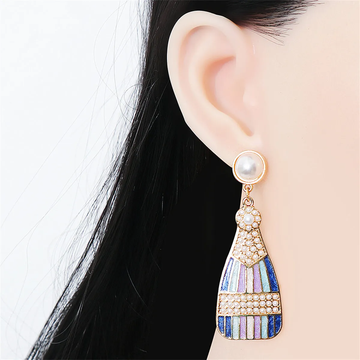 Blue Enamel & Pearl 18K Gold-Plated Sparkling Champagne Drop Earrings