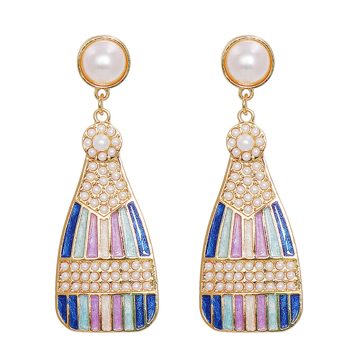 Blue Enamel & Pearl 18K Gold-Plated Sparkling Champagne Drop Earrings