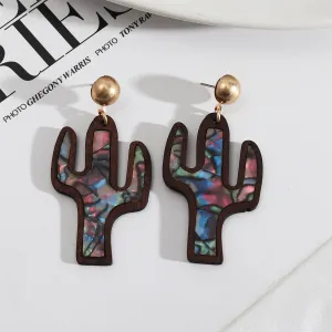 Blue Shell & Brown Wood Cactus Drop Earrings