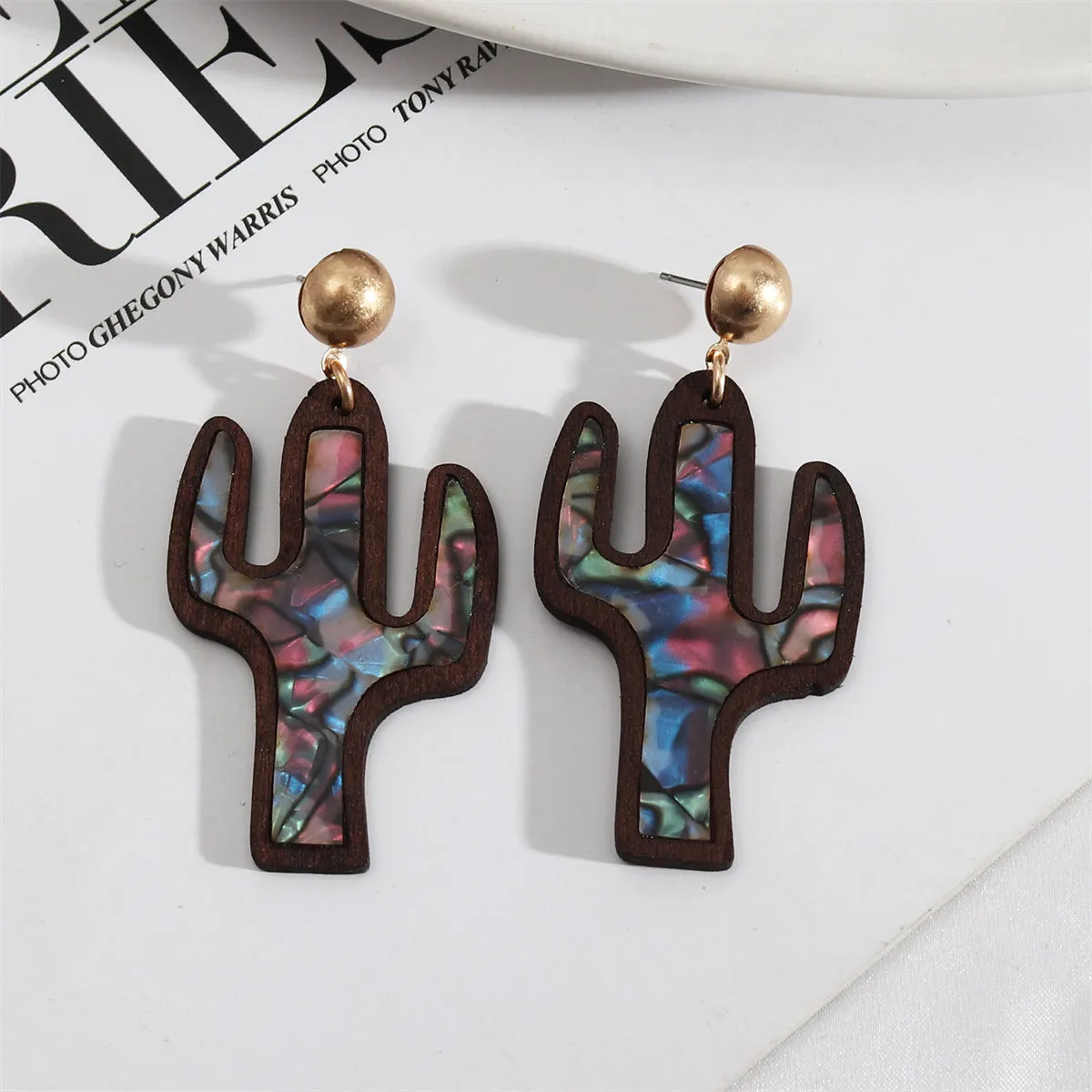 Blue Shell & Brown Wood Cactus Drop Earrings