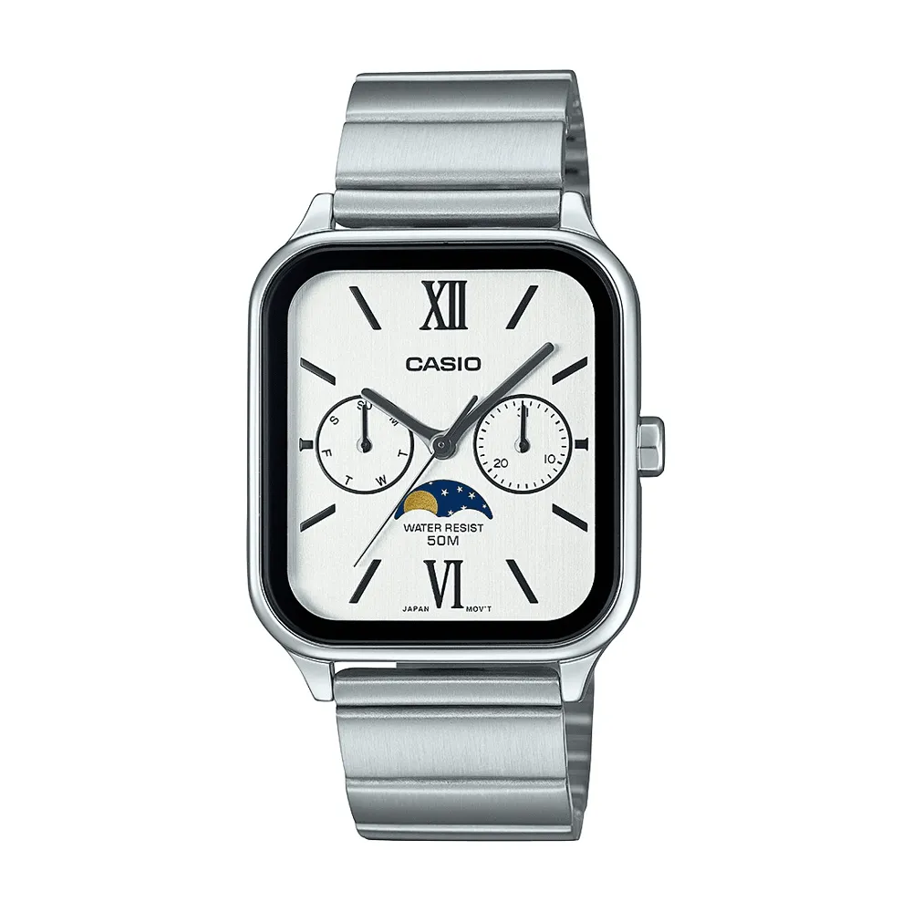 Casio Analogue Moon Phase 50M Water Resistant White & Black Face Stainless Steel Band MTPM305D-7A2