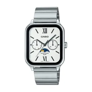Casio Analogue Moon Phase 50M Water Resistant White & Black Face Stainless Steel Band MTPM305D-7A2