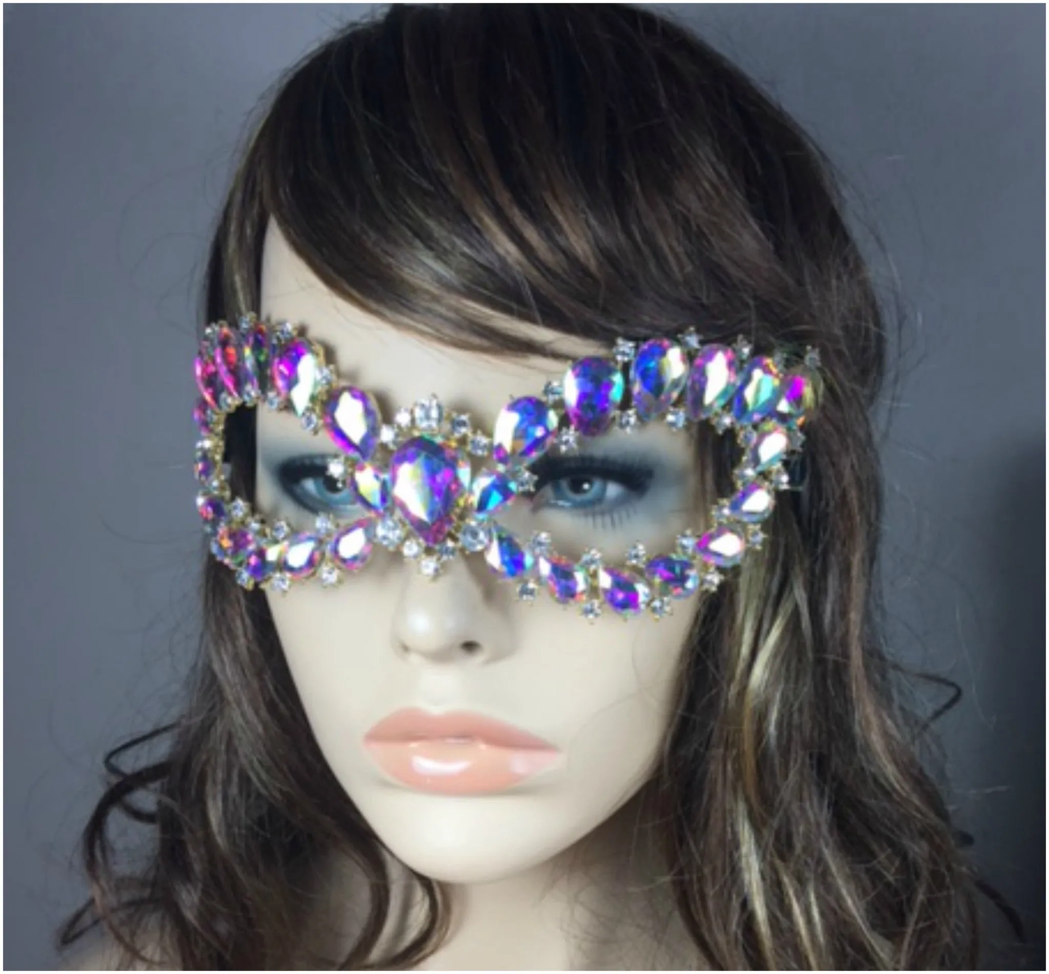 Ceirra Art Deco Cluster Statement Masquerade Mask | AB Crystal | Gold
