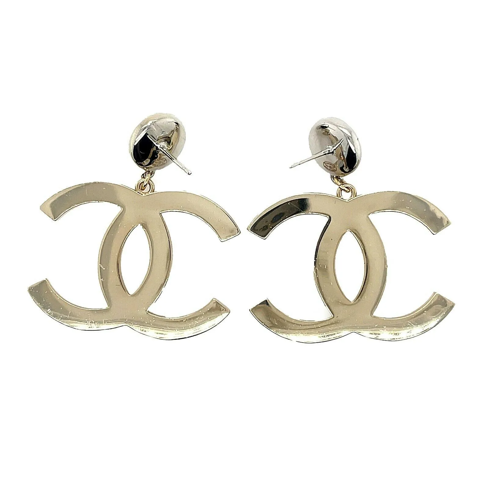 CHANEL - P21 C CC Logo Faux Pearl Drop Strass Crystal Gold Silver Earrings