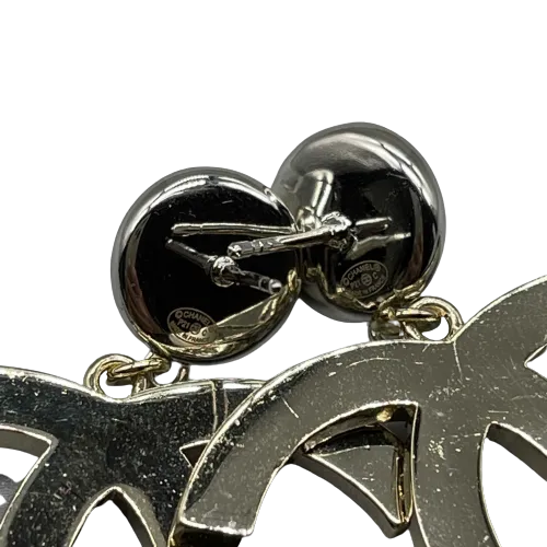 CHANEL - P21 C CC Logo Faux Pearl Drop Strass Crystal Gold Silver Earrings
