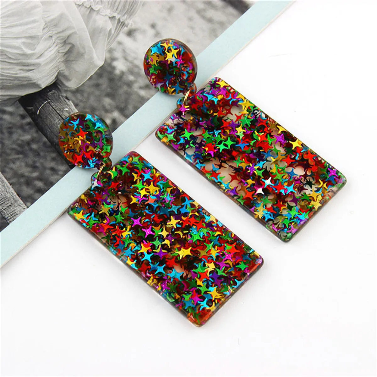 Colored Resin & 18K Gold-Plated Star Rectangle Earrings
