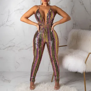 Colorful Sequins Sleeveless Deep V-Neck Bandage Jumpsuit